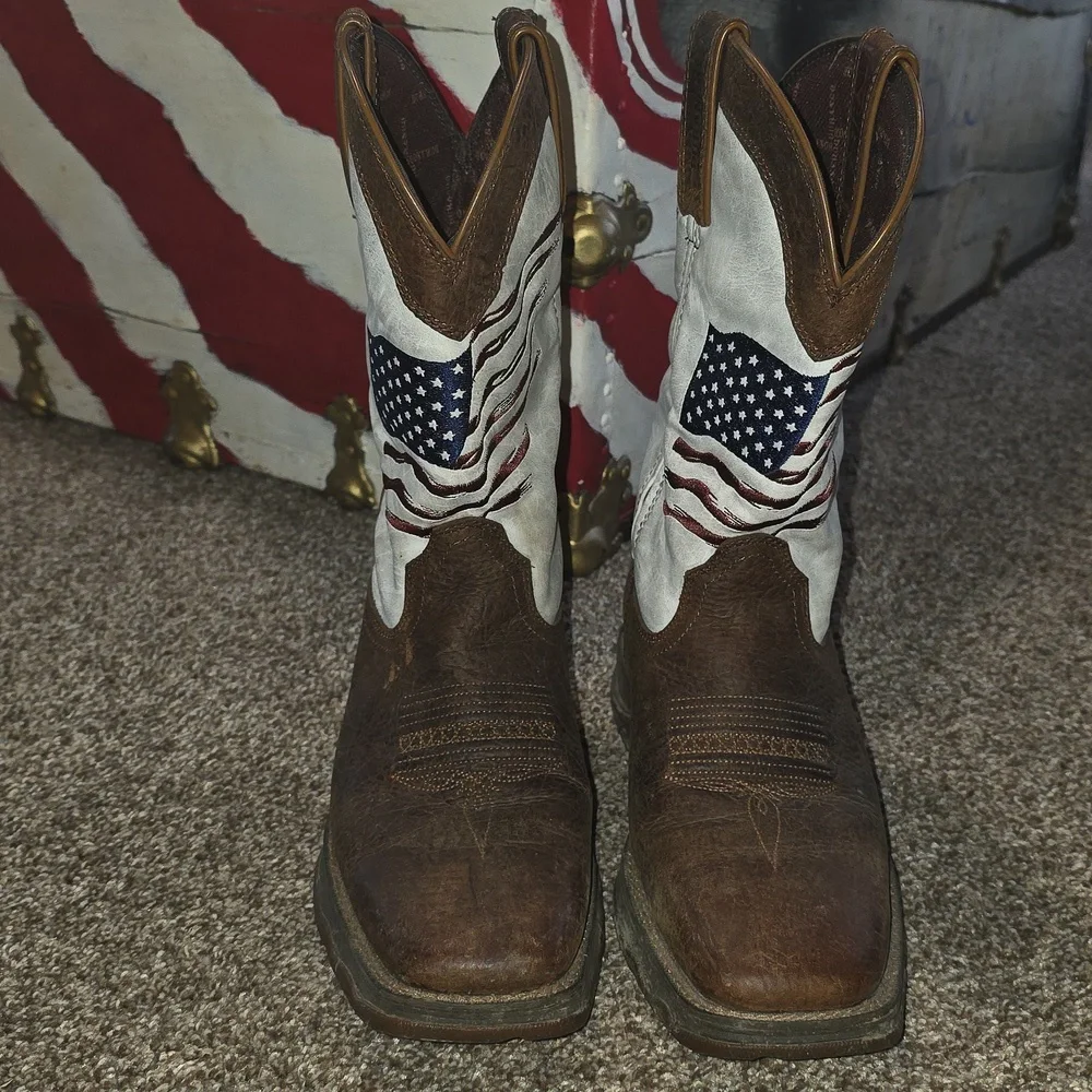 Womens 11" Flag Embroidery Bay Brown Boots Distressed Flag - Picture 2 of 11